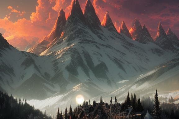 Elven Utopia in Snowy Mountains: Hyperdetailed Cel-Shaded Ar...