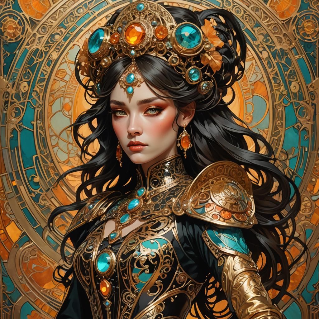 Art Nouveau Model on Runway in Gold and Black