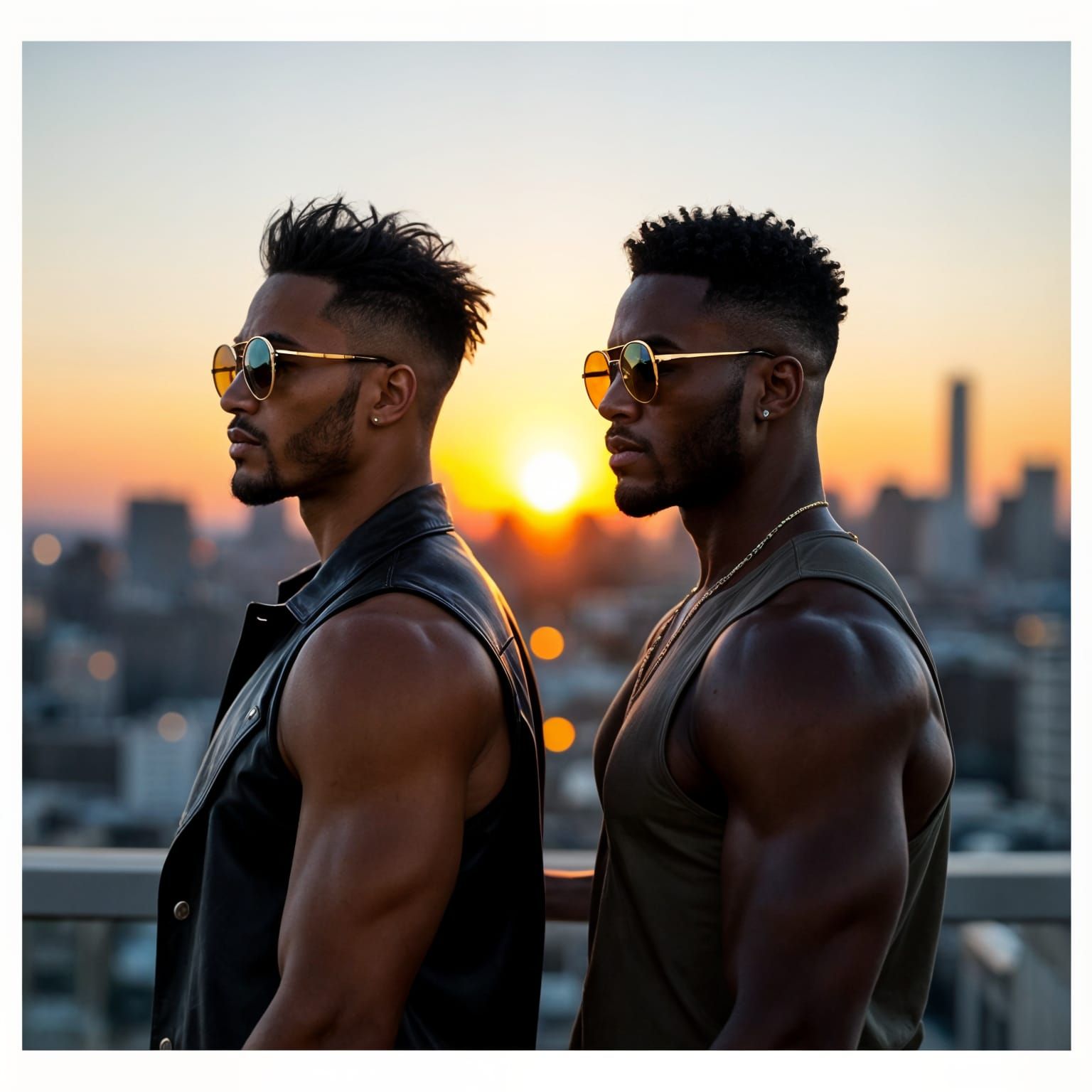 Dynamic Duo: Hyperrealistic Men in Cityscape Sunset