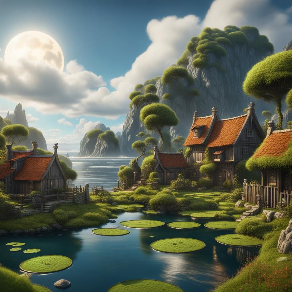 Beach Village in Fantasy Landscape Art