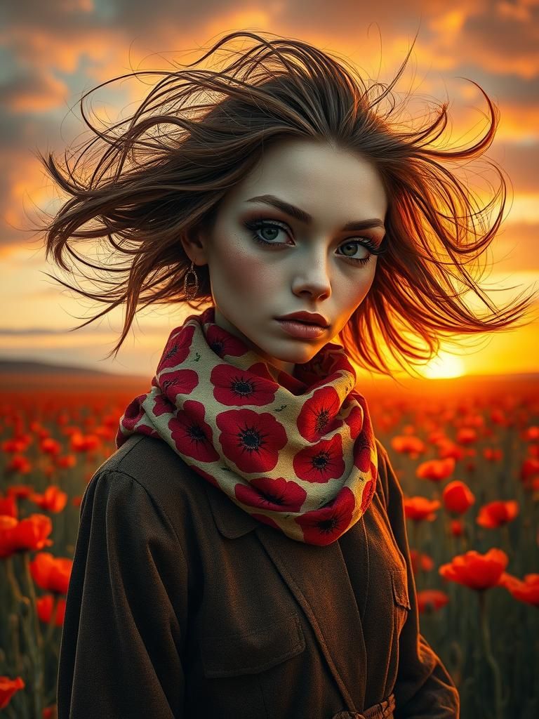 Post-Apocalyptic Woman in Poppy Field, Surreal Art