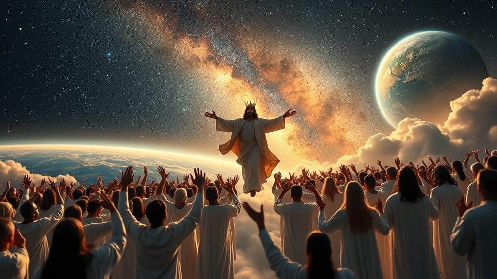 Venerable Crowd Adores Majestic Figure on Heavenly Clouds