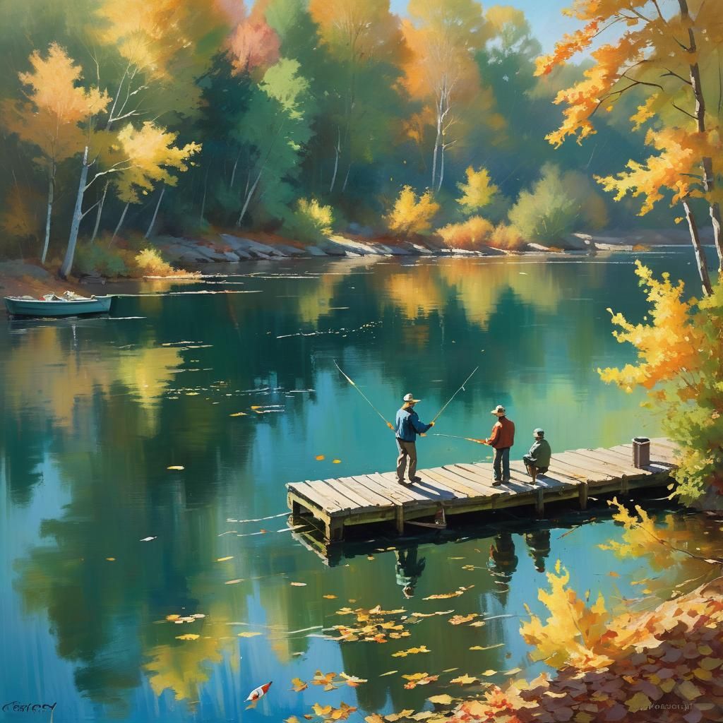 Autumn Fishing: Impressionist Oil Painting with Golden Light