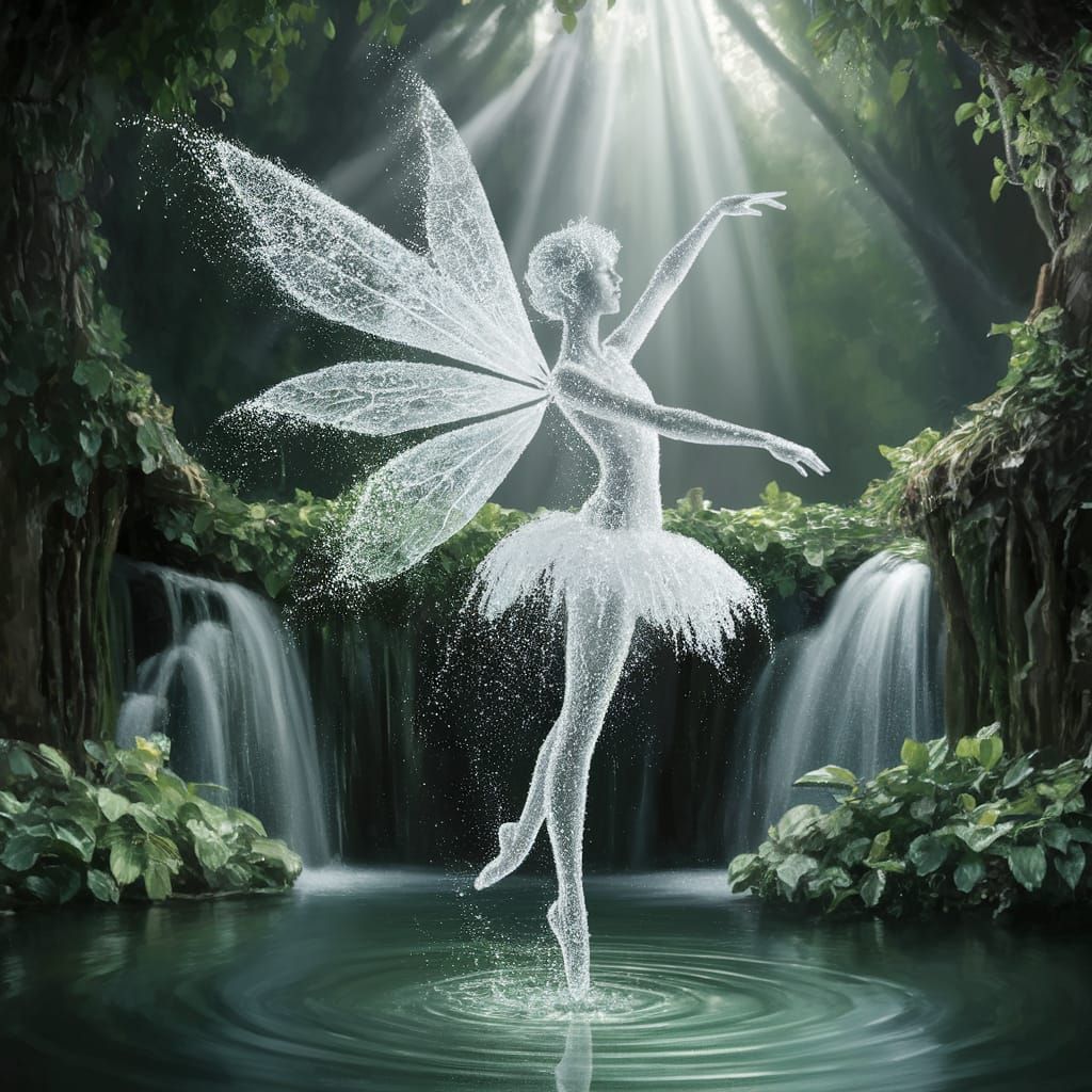 Surreal Water Fairy in Mid-Ballet Pose Amidst Sunlit Forest ...
