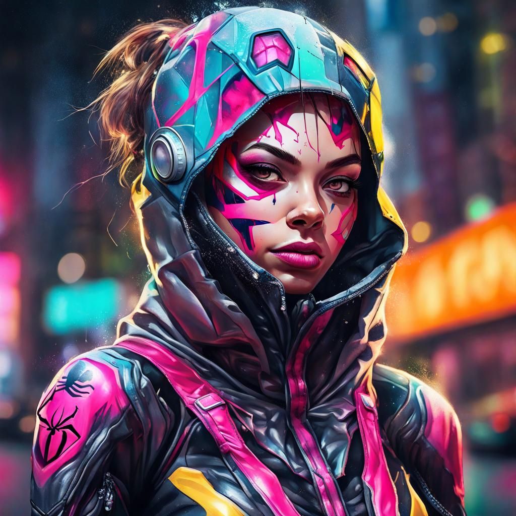 Spider-Girl Portrait in Silk Armor, Graffiti Art
