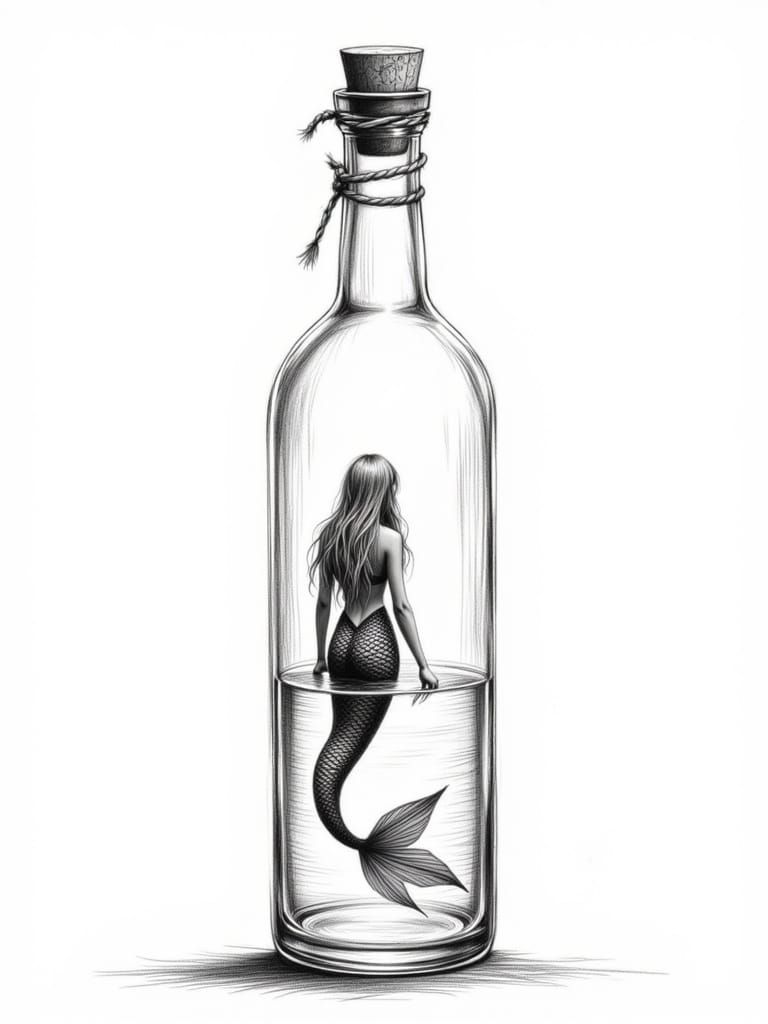 Black and White Illustration of Mermaid in a Glass Bottle