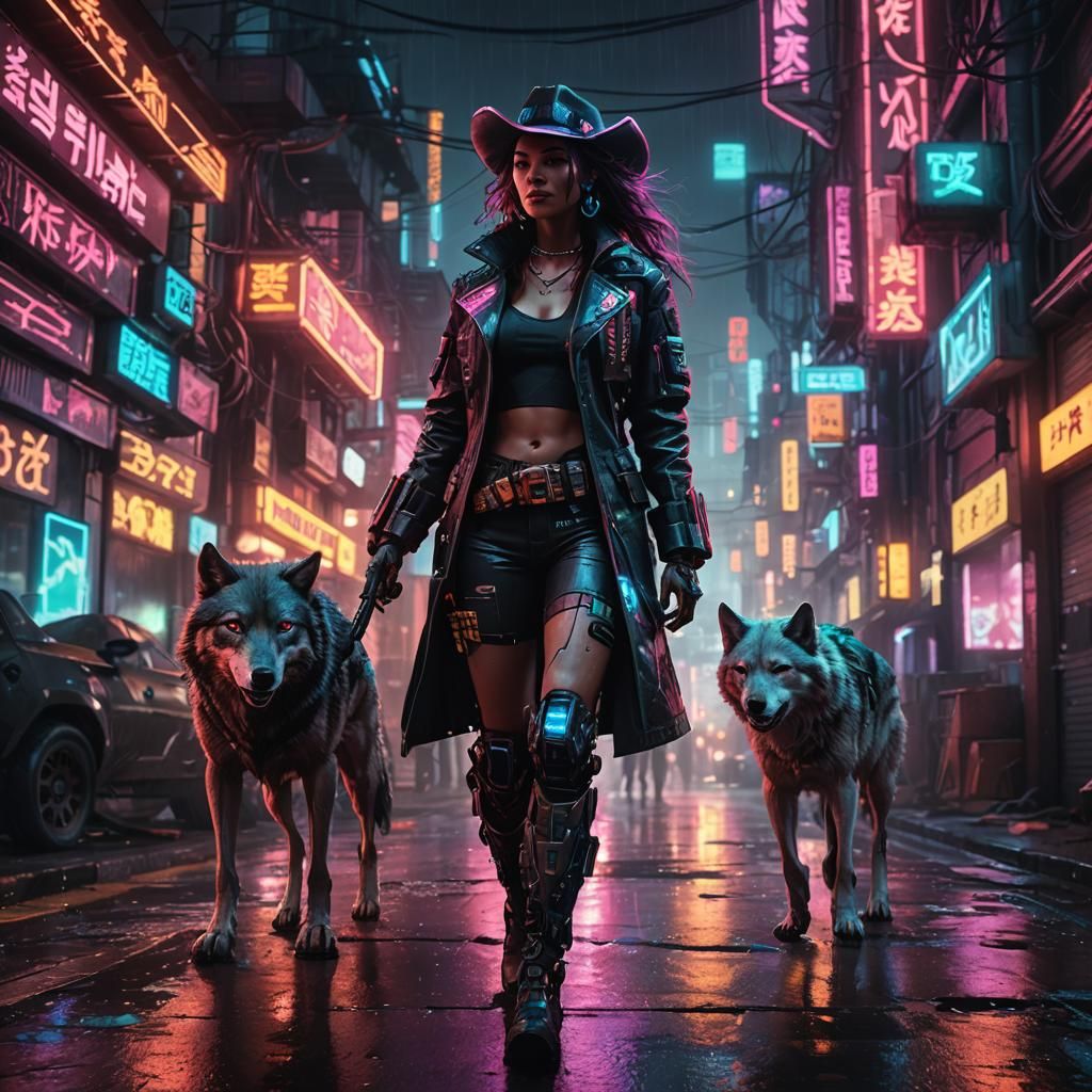 Cyberpunk Cowgirl with Wolf in Neon City