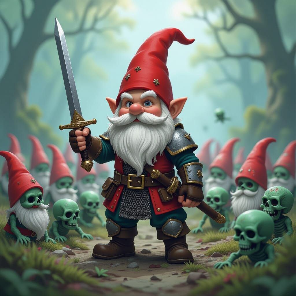 Garden Gnome Warrior Battling Zombie Horde