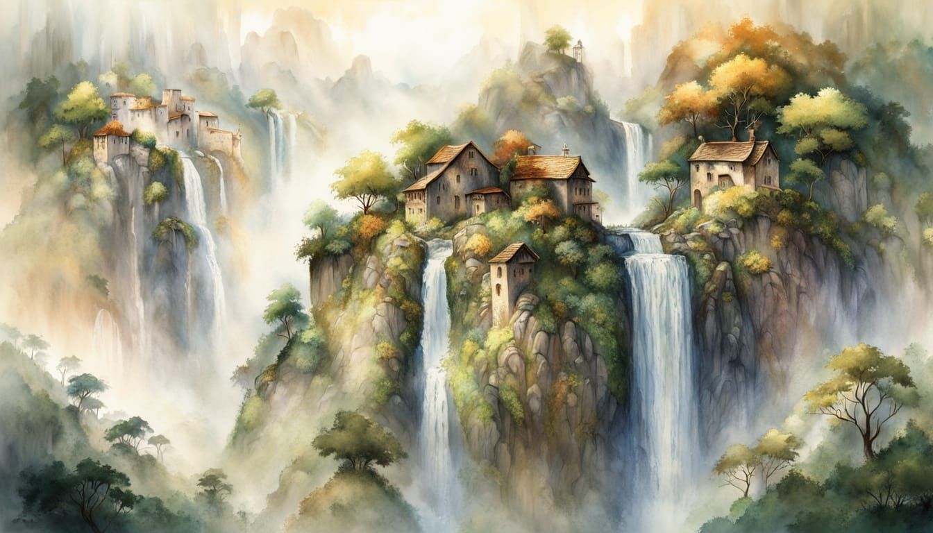 Whimsical Fantasy Village in a Misty, Watercolor-Inspired La...