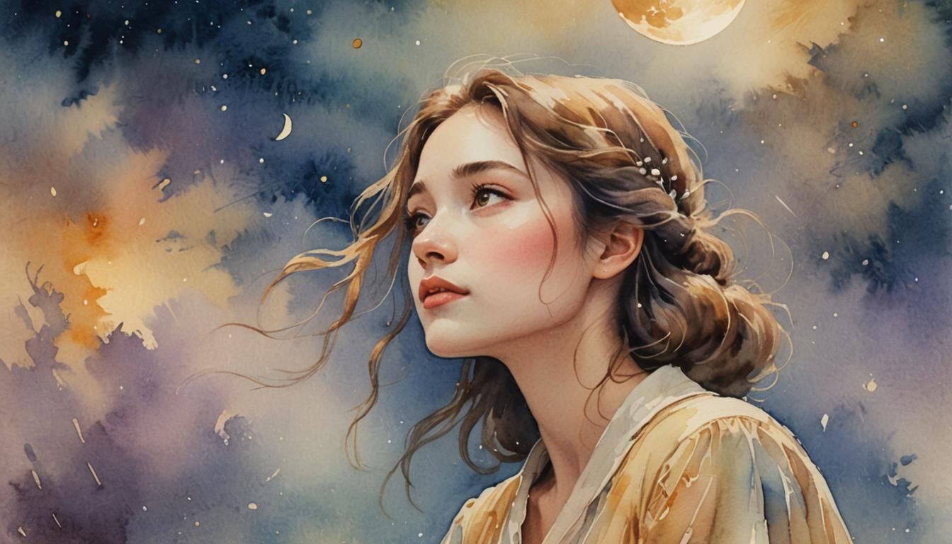 Romantic Woman Gazing at Moon in Impressionistic Watercolor