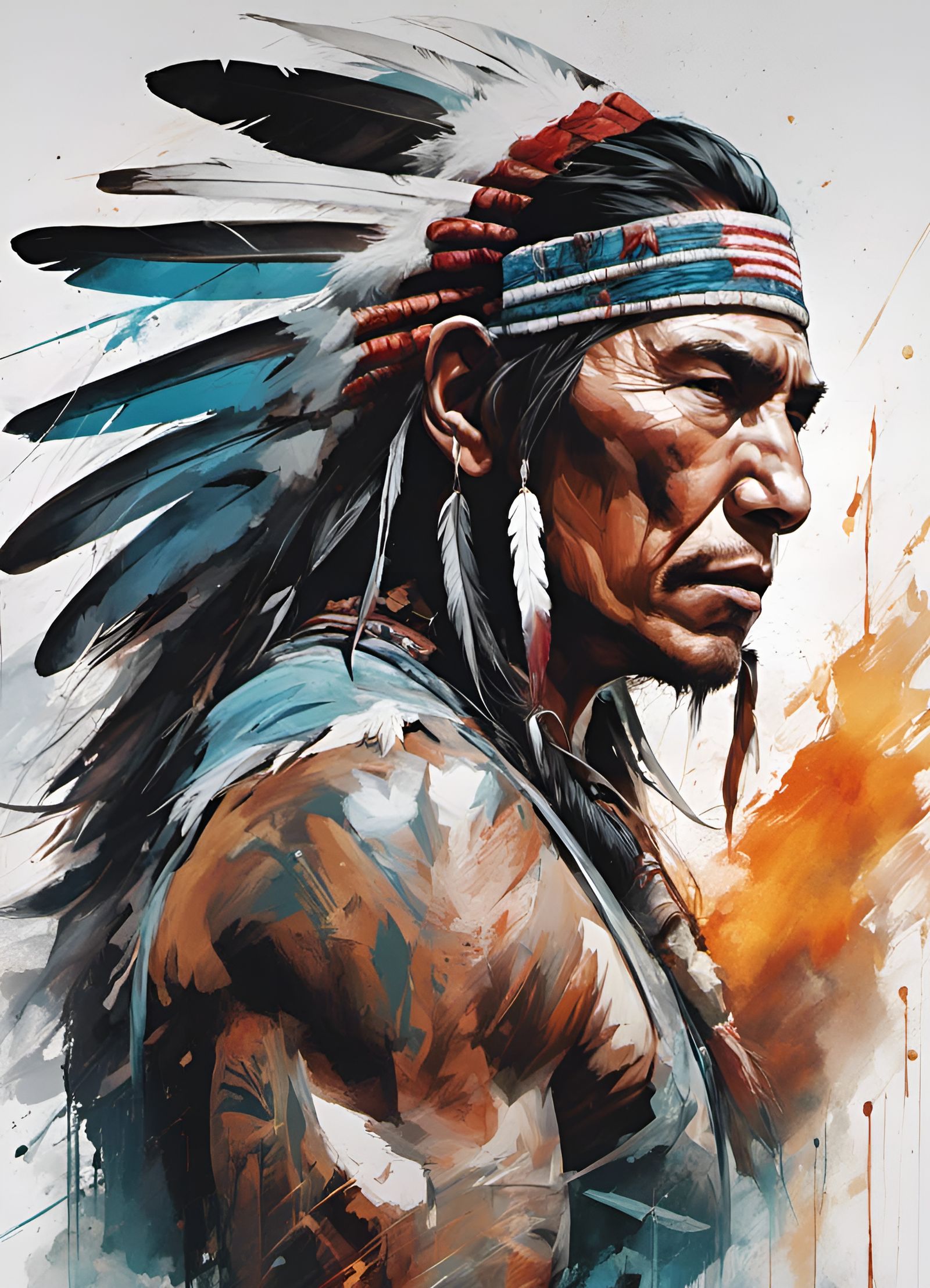 Fierce Native American Warrior Portrait in Digital Art Style