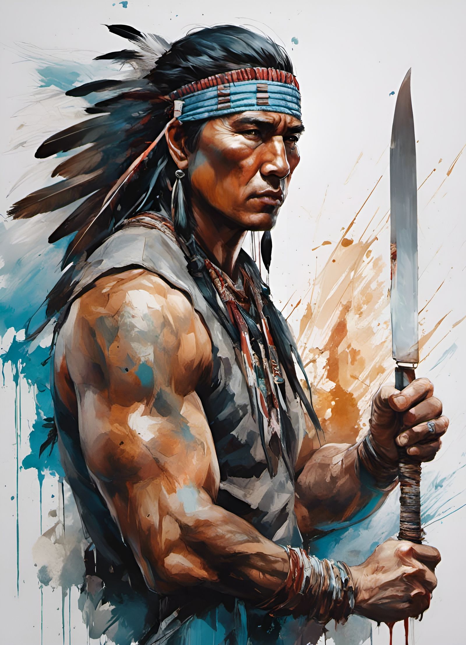 Fierce Native American Warrior Portrait in Digital Art Style