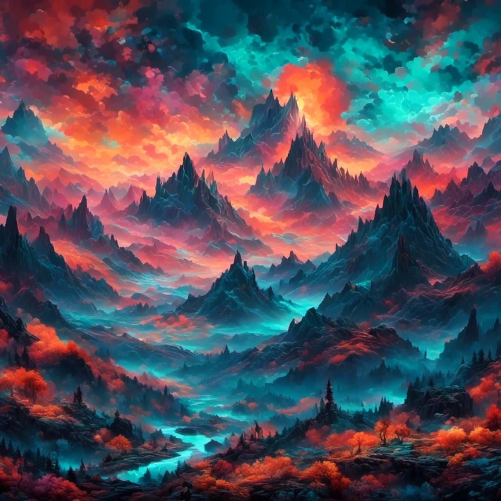 Fiery Mountains with Luminous Clouds, Psychedelic Art