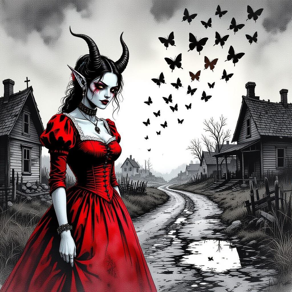 Orc in Red Dress with Butterflies in Dark Village Painting