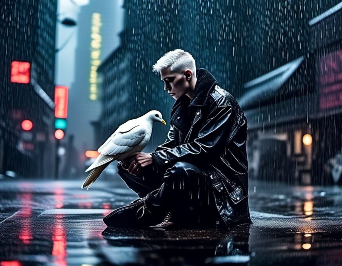 Android Replicant's Last Moment With Dove in Rain