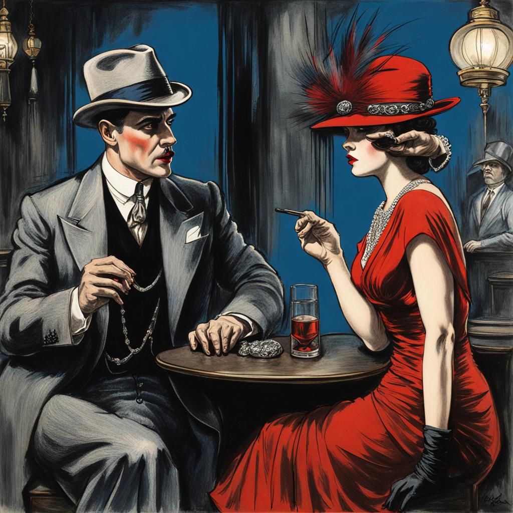 A gangster talking to an angry flapper in a smokey speakeasy 3