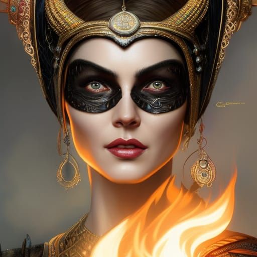Shaman Woman as Catwoman in Flames: Detailed Portrait