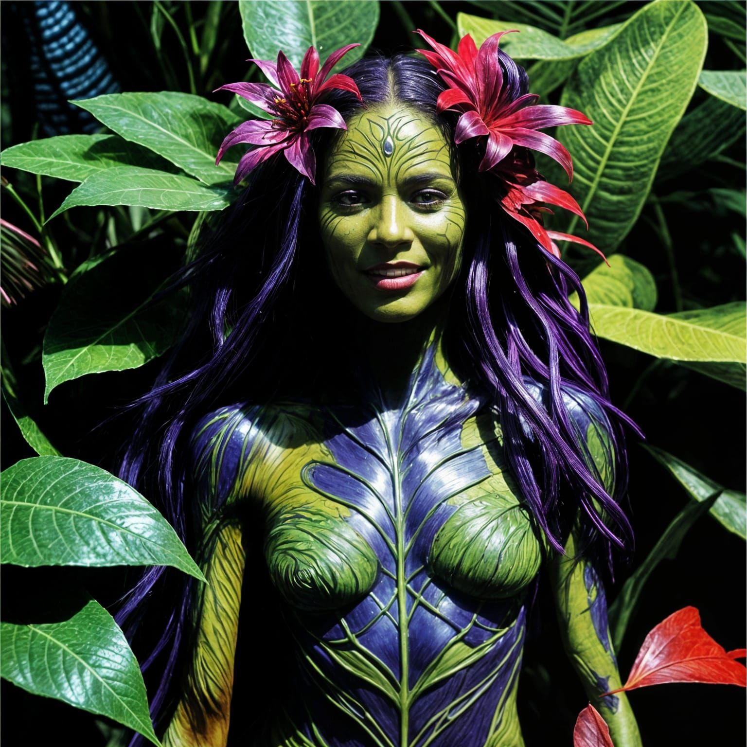 Purple Plant-Human Hybrid in Hyperrealistic Human Form