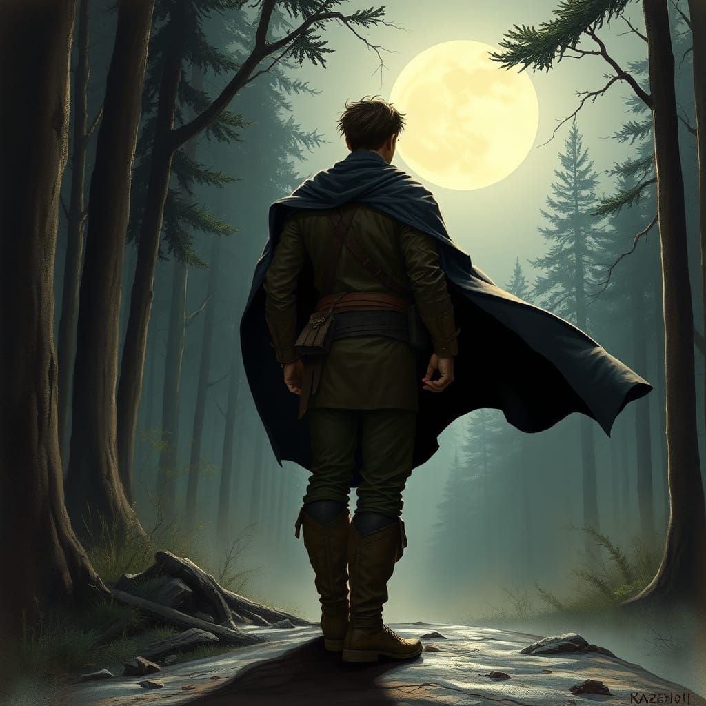 Moonlit Figure in Forest, Dramatic Fantasy Art