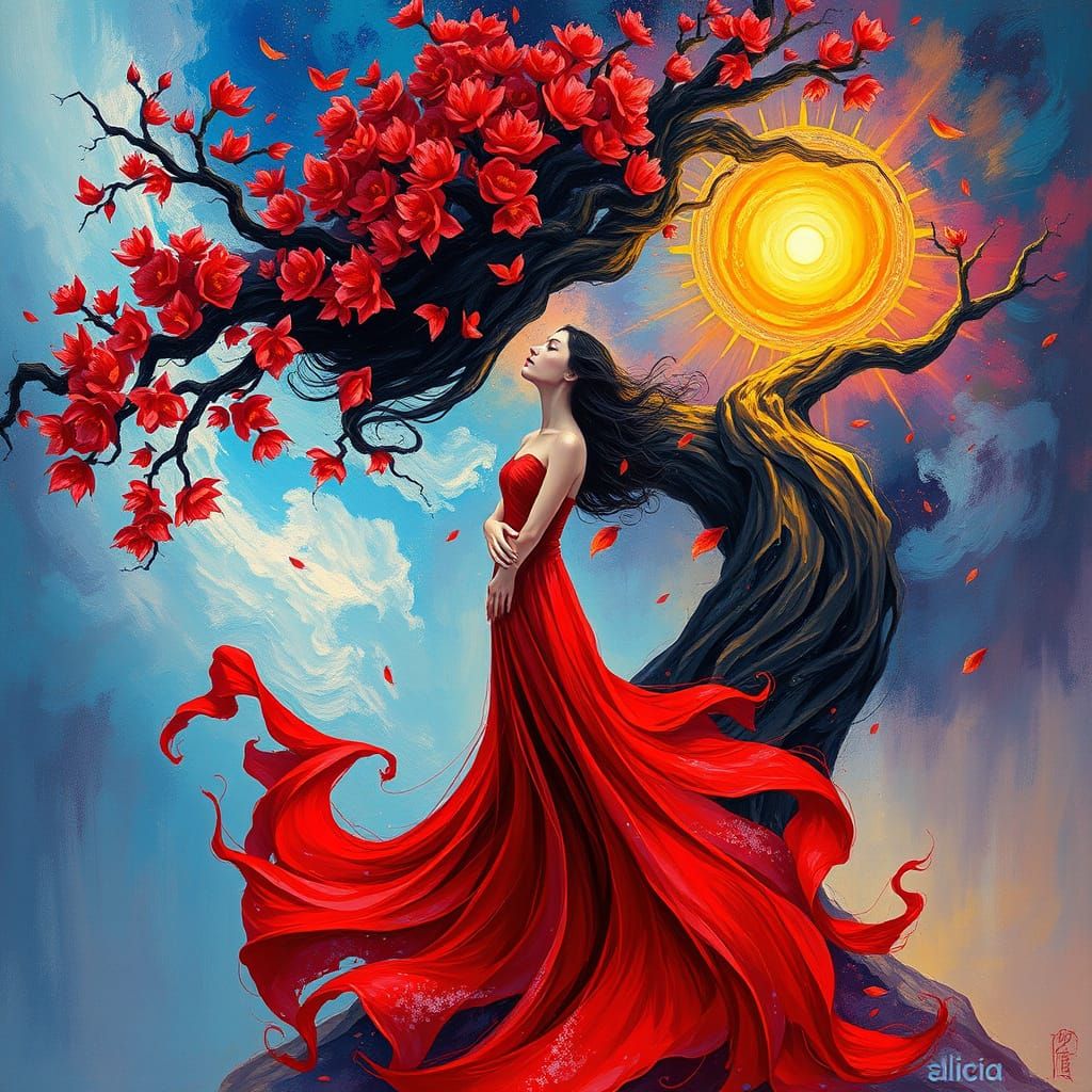 Mystical Figure by the Glowing Tree in Vibrant Colors