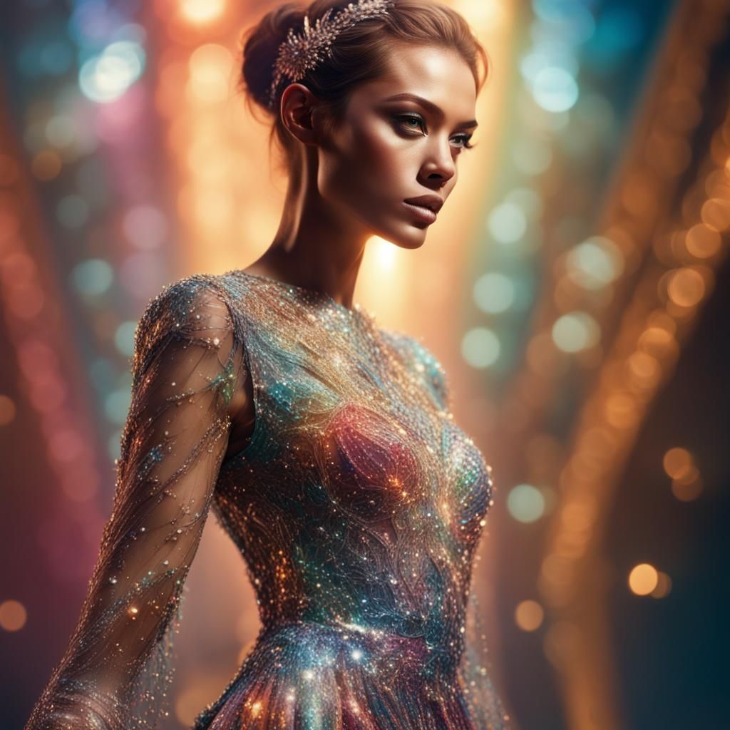 Model on Catwalk in Sparkling Dress: Hyperrealistic Splash A...