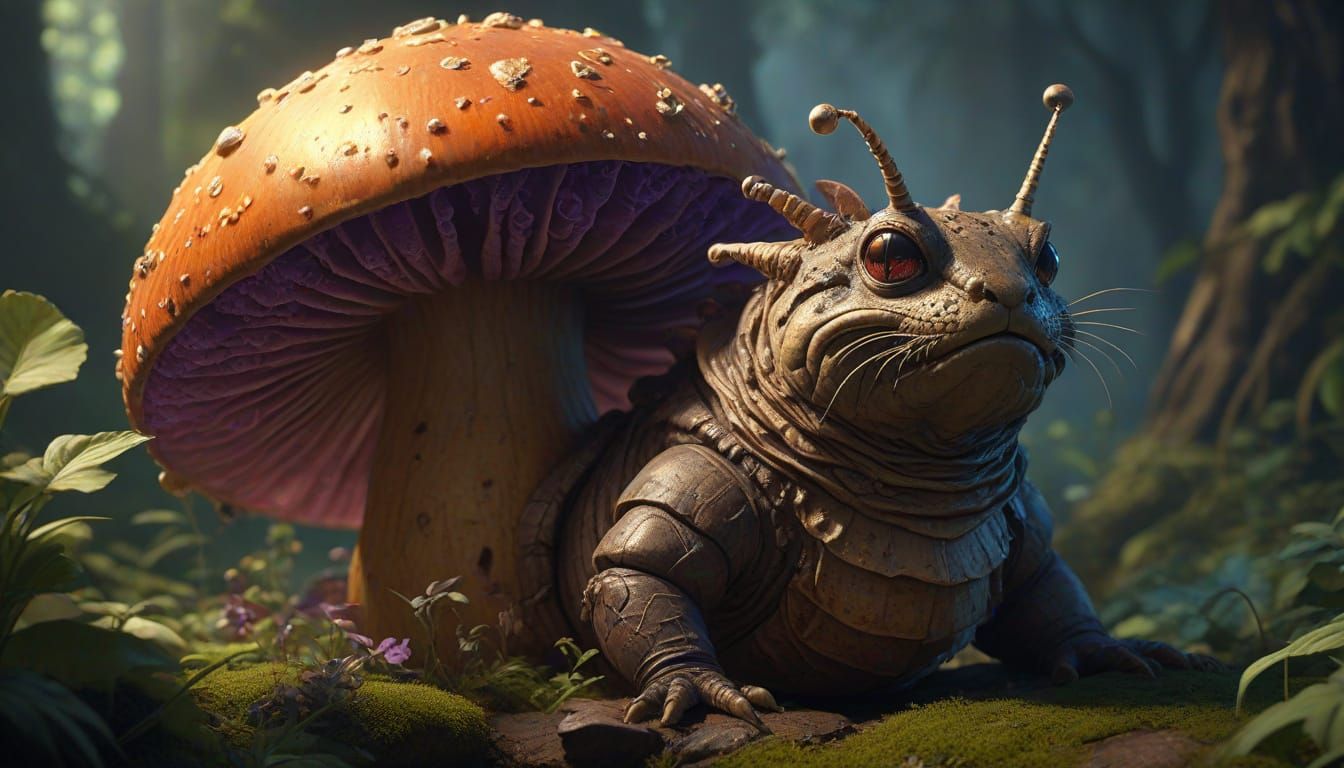 Caterpillar Smoking Hookah on Mushroom, Dark Fantasy Art