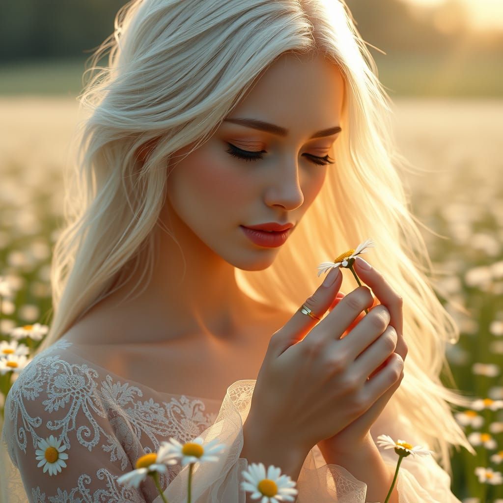 Ethereal Woman in Vibrant Daisy Field - Hyper-Realistic Digi...