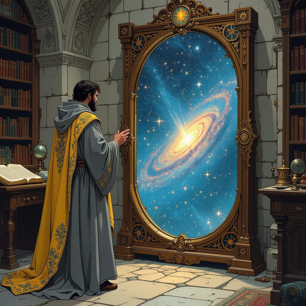 Mystical Mirror Reflects Star Field in Art Nouveau Style