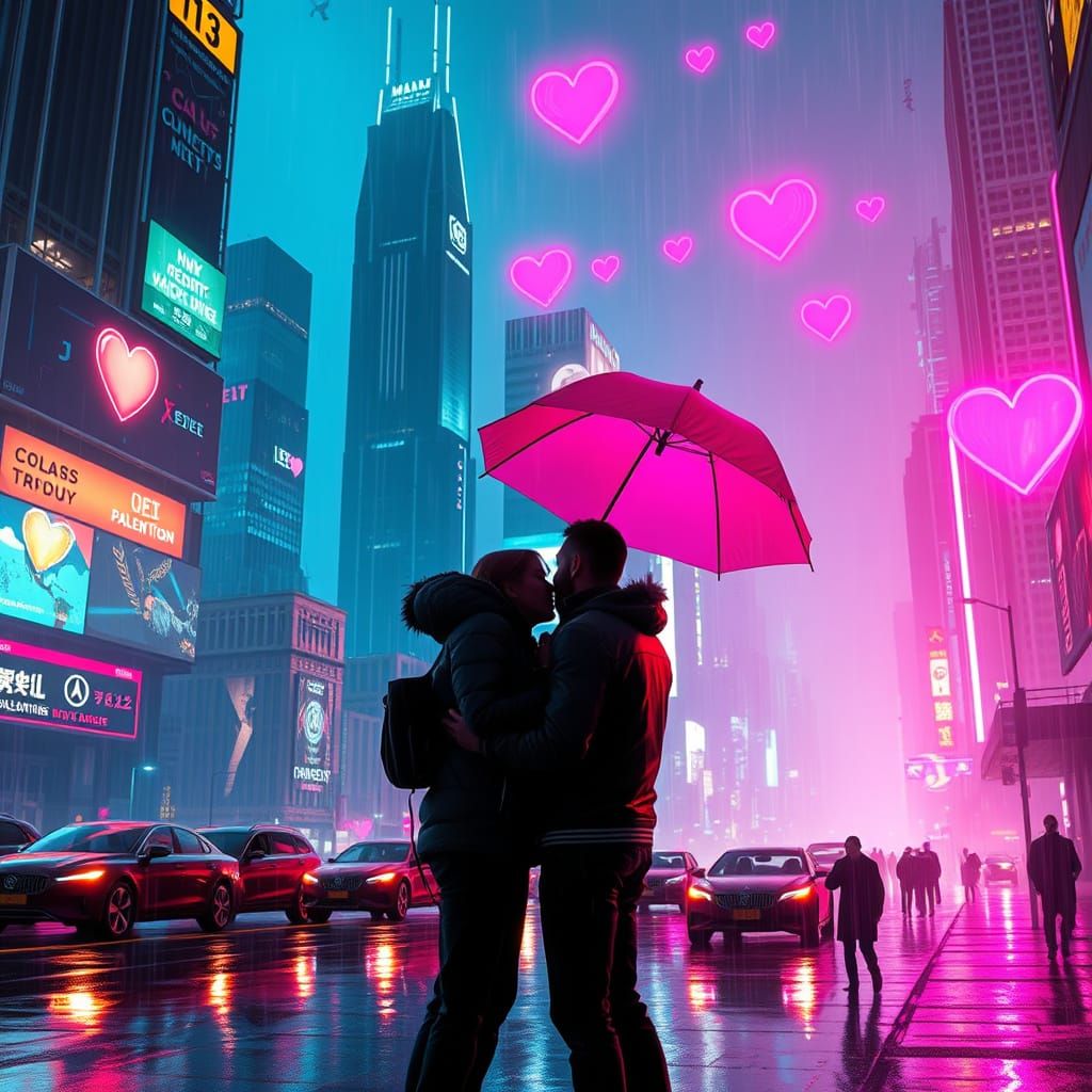 Cyberpunk Cityscape with Neon Hearts and Flying Cars