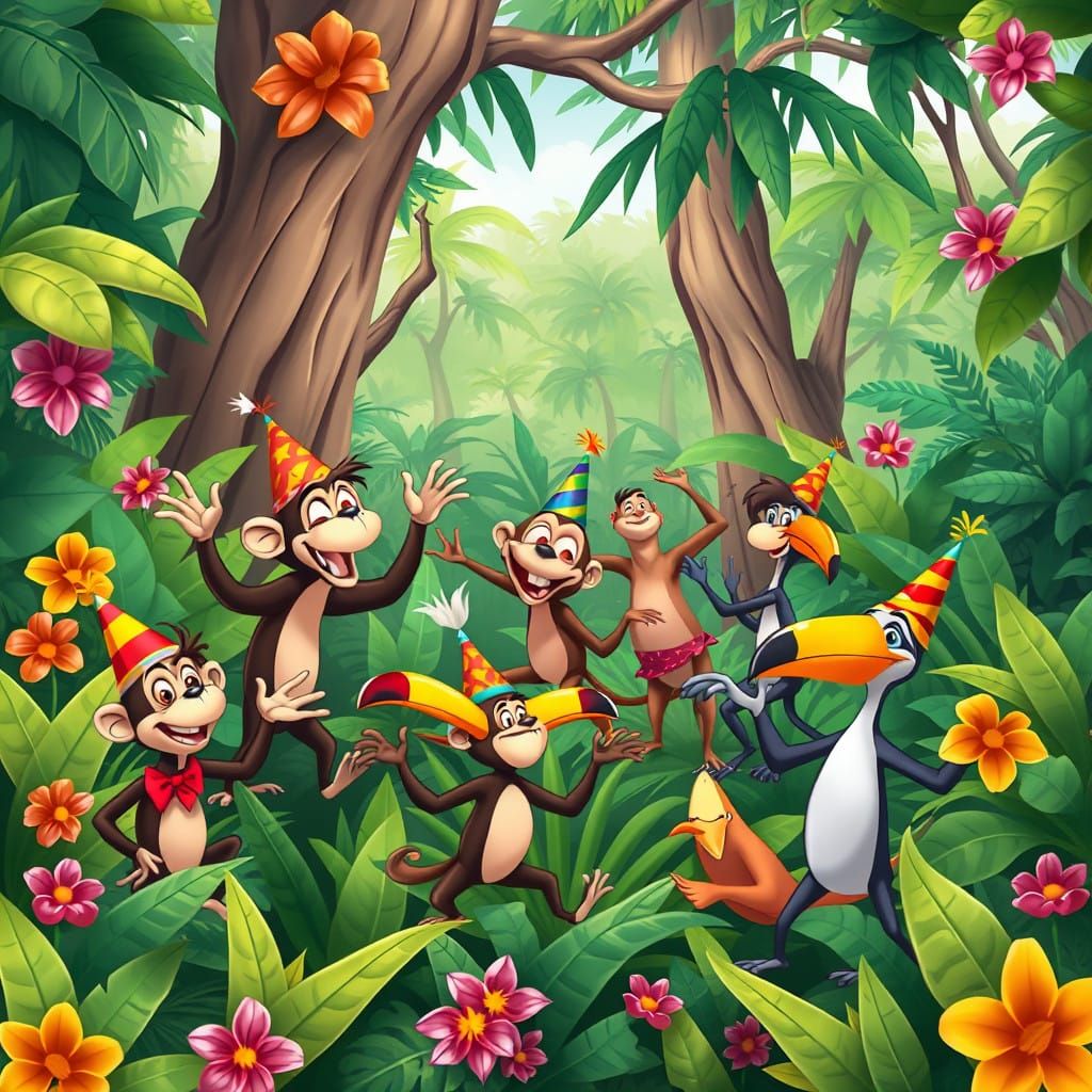 Vibrant Jungle Party Scene in Whimsical Cartoon Style