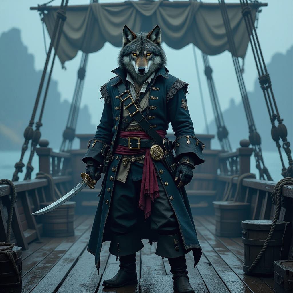 Mystical Wolf Pirate Ship Deck in Dark Fantasy Style