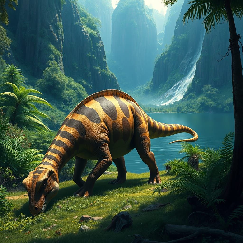 Dinosaur Grazing by Lake in Digital Painting Style