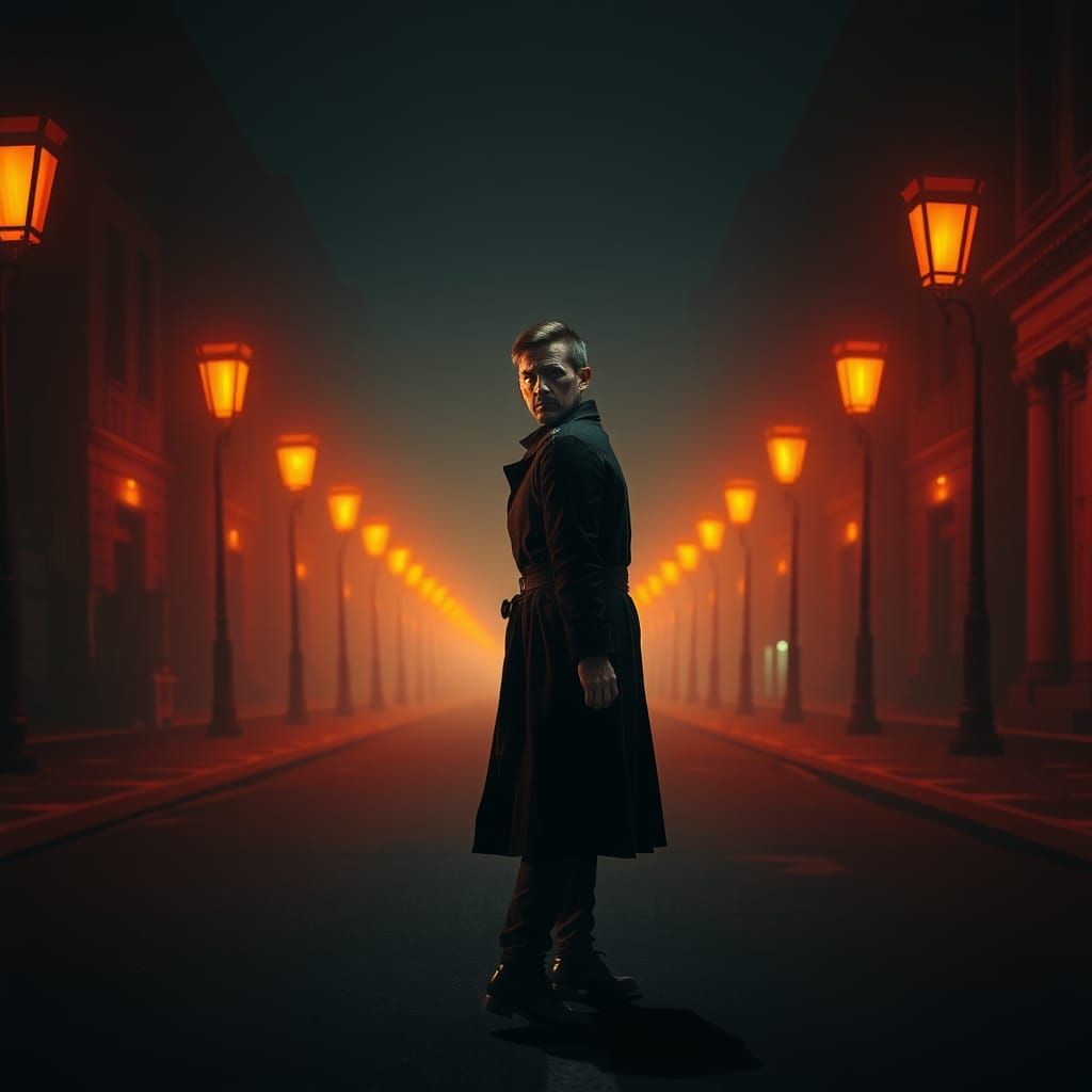 Fearful Man on Empty Street in Fantasy Art