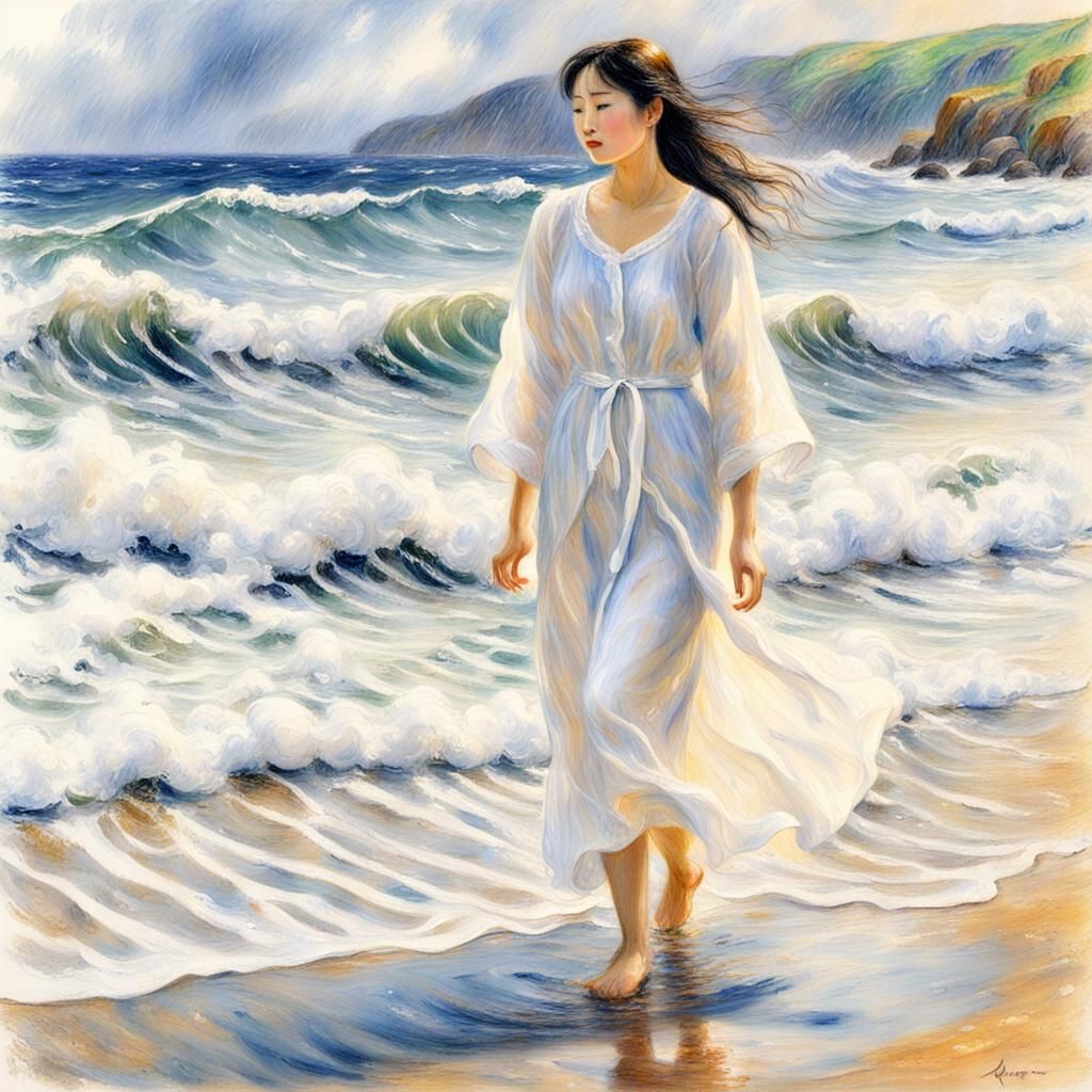 Korean Woman in Rain: Impressionist Pencil Drawing