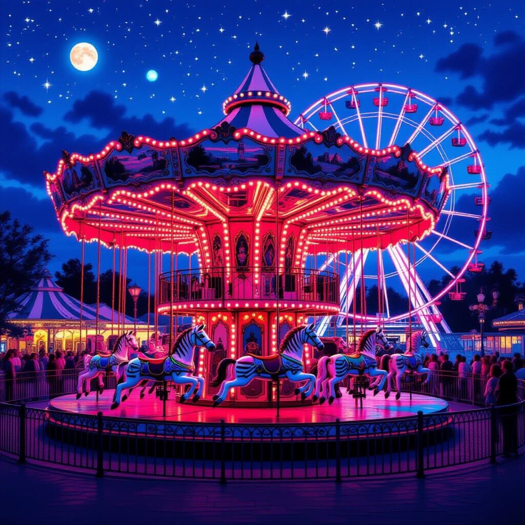 Neon Pink Zebra Carousel at Dusk