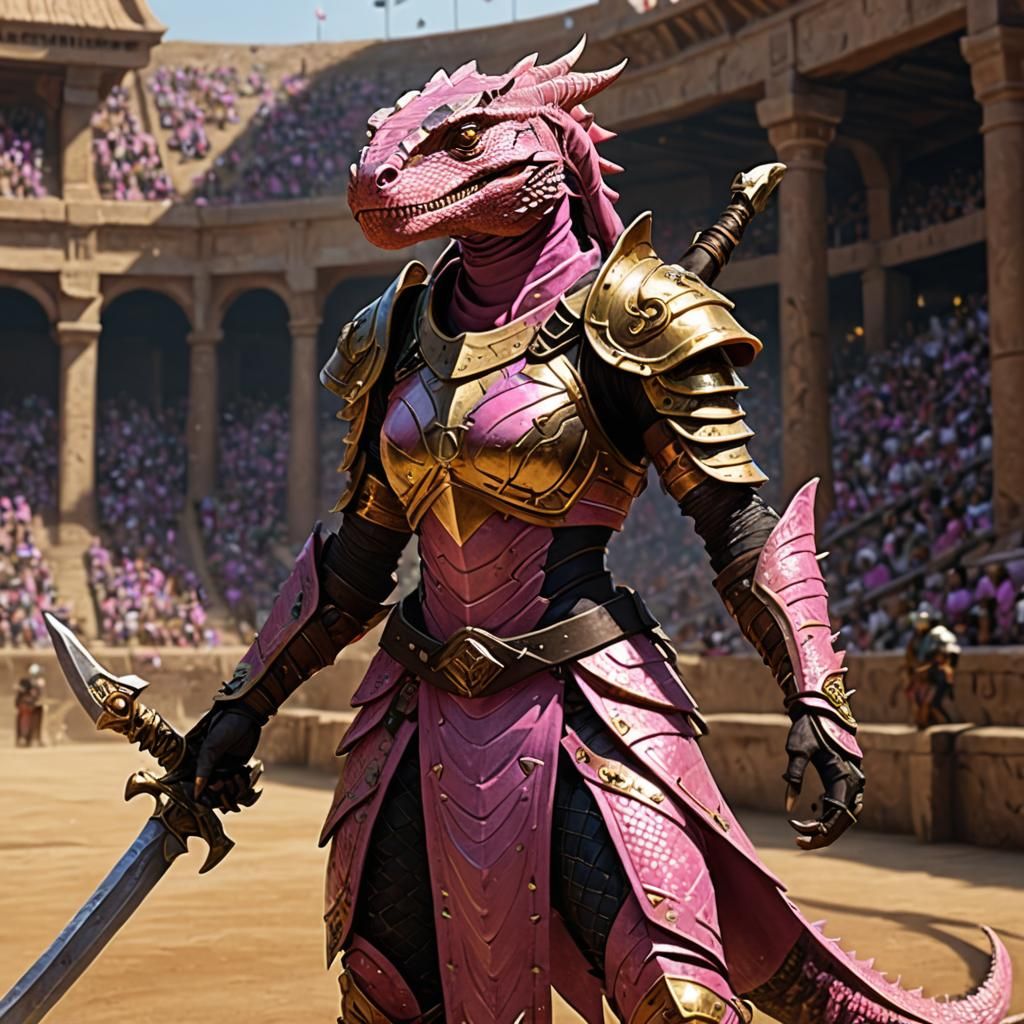 Lizardfolk Gladiator in Pink Armor with Scythe