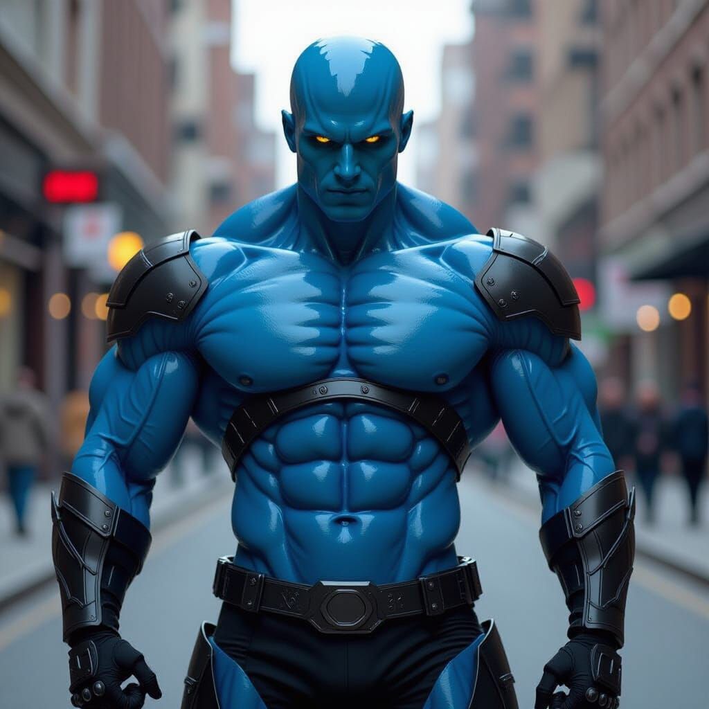 Blue Glass Muscular Figure in Black Armor
