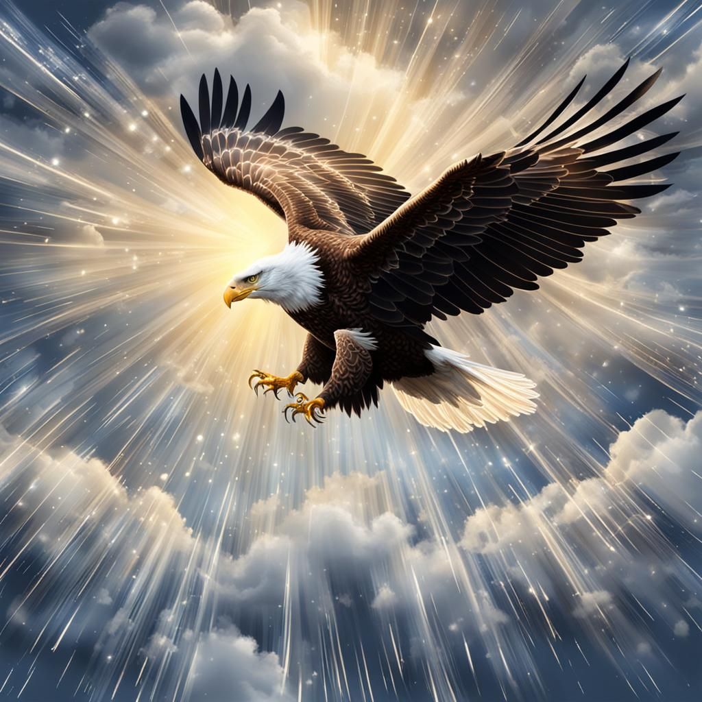 Eagle Soaring Through Clouds with Light Rays