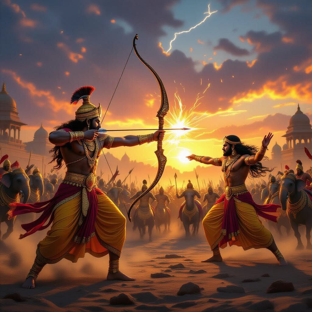 Epic Dawn Battlefield: Mahabharat Warriors in Golden Armor