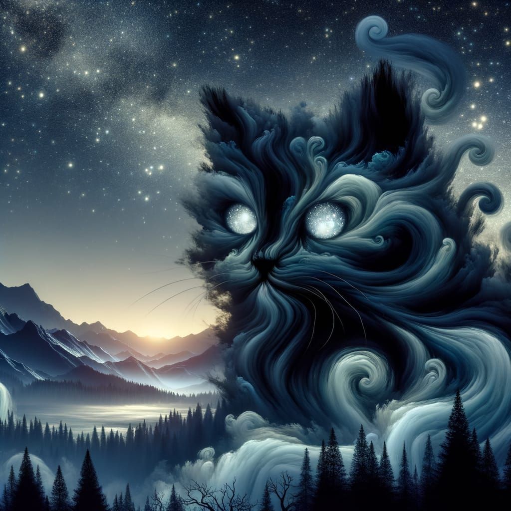 Ethereal Black Smoke Cat with Glowing Eyes