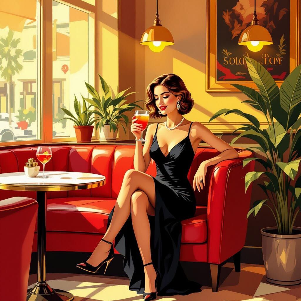 Elegant Lady on Sofa in Cafe, Vintage Poster Style