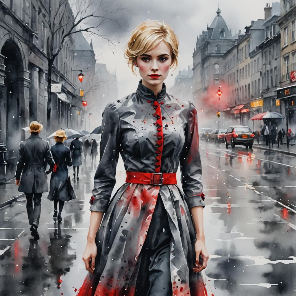 Victorian Woman in Rainy Street: Watercolor Abstract