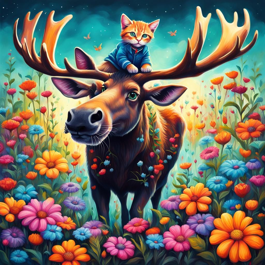 Cat on Moose in Flower Field: Graffiti Art