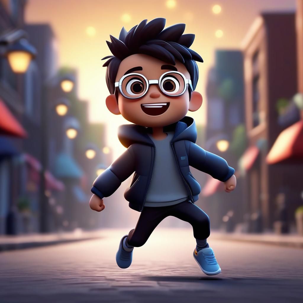 Joyful Chibi Man in Street: 3D Anime Cartoon