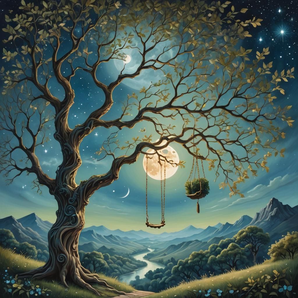 Magical Tree Swing Under Moonlit Sky in Renaissance Art