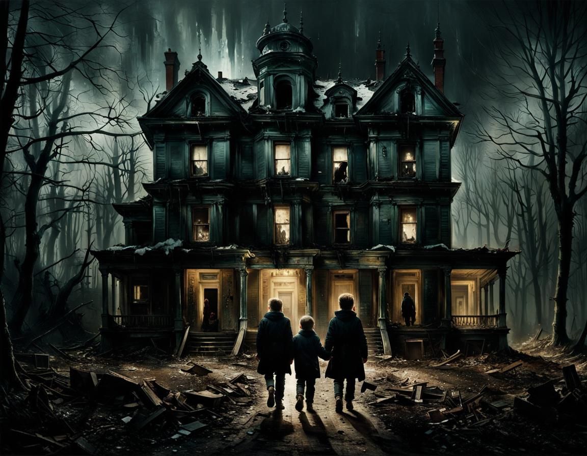 Horror Film Still: Boys and Dilapidated Mansion