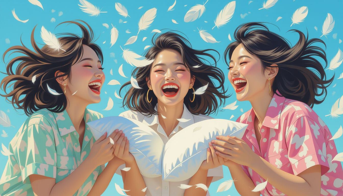 Joyful Pillow Fight Among East Asian Women
