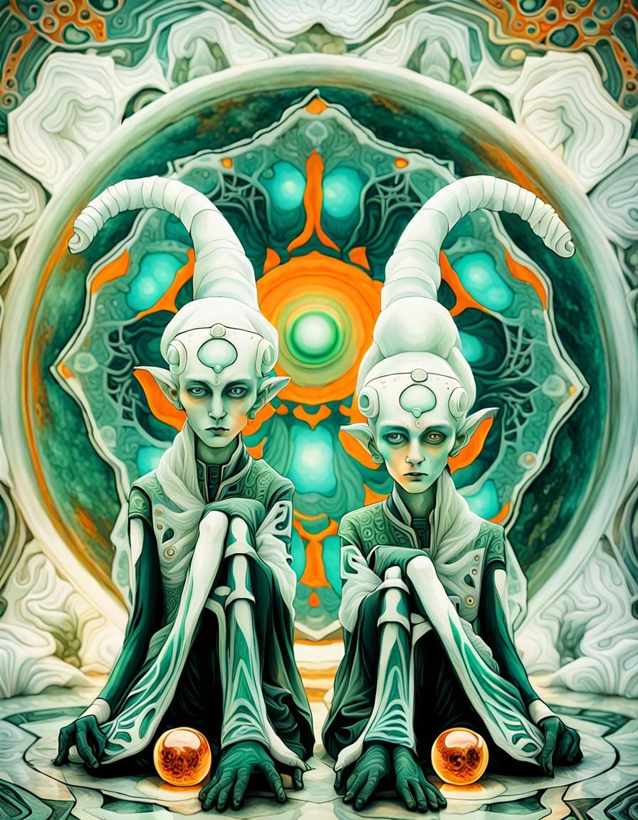two white elves with titanium robots heads on astral project...