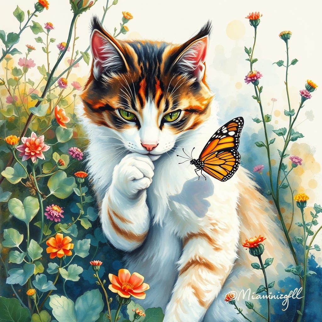 Whimsical Watercolor Cat Chases Butterfly Amidst Vibrant Bot...