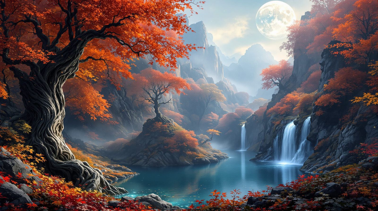 Vibrant Autumn Landscape with Hidden Waterfall
